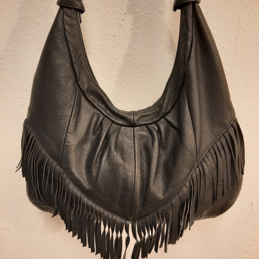 Black Fringe Leather Shoulder Bag